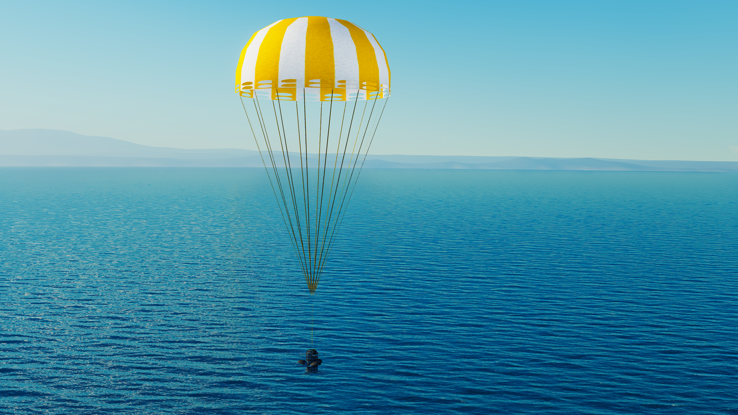 SEALINE platform falling to the water on parachute. It will sink to the seafloor and begin sensing over the course of roughly ten minutes.