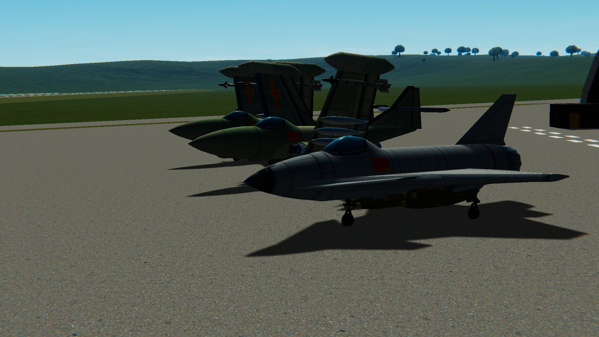 Sh-9s and a Z-80E of the Dorislavian Air Force parked at Kyeshdet International Airport.